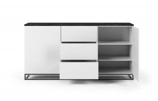 Buffet WHITY 2 blanc mat 180cm 2 portes/3 tiroirs Plateau en Marbre noir avec piètement noir
